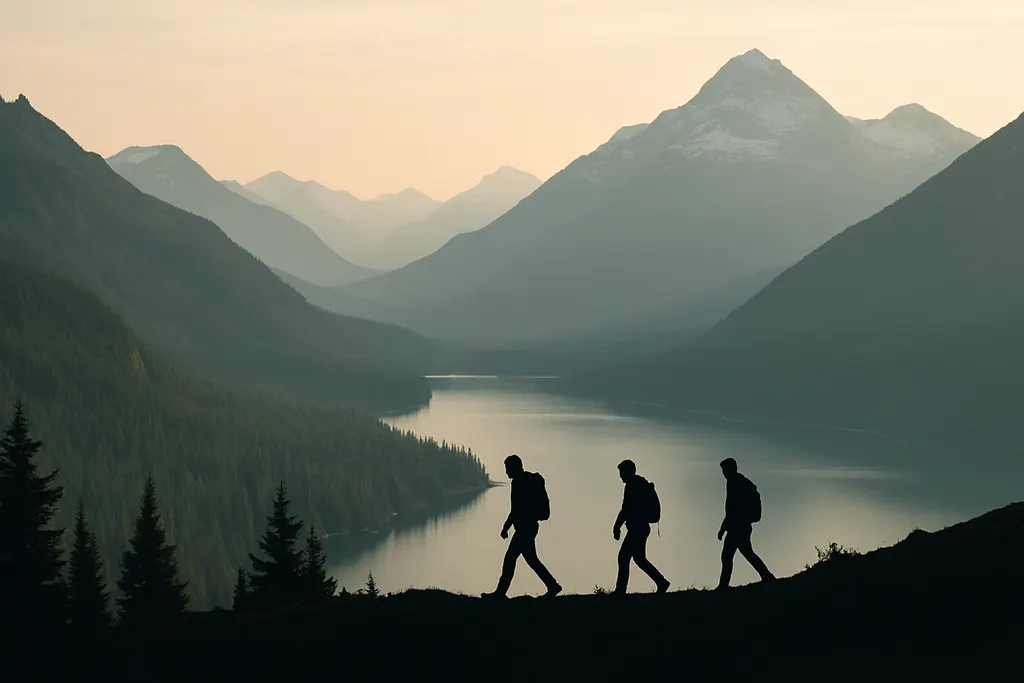 Three people walking along a mountain ridge at sunset