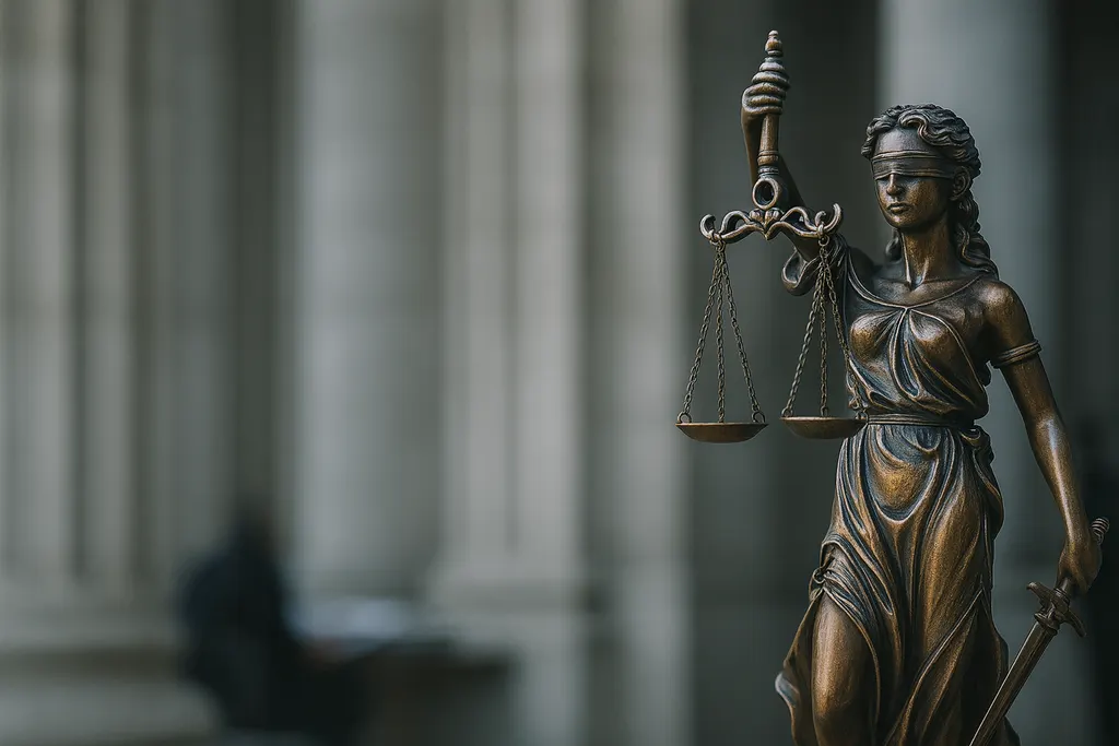 A bronze statue of Lady Justice in front of courthouse columns