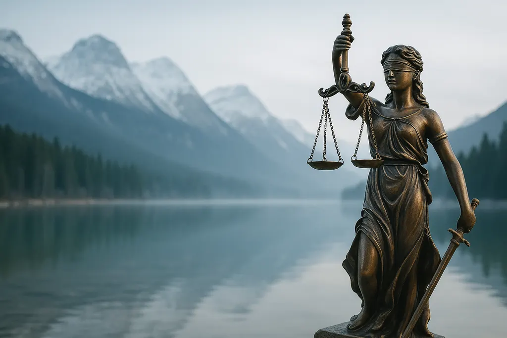 A bronze statue of Lady Justice holding balanced scales, beside a mountain lake