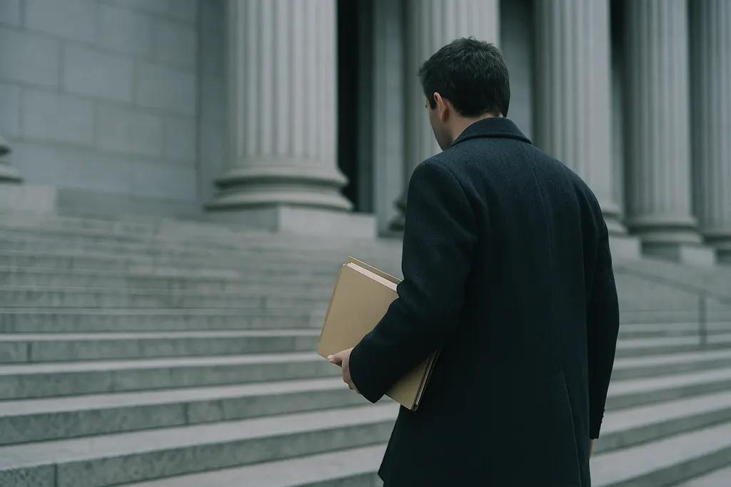 A person carrying a document folder up courthouse steps